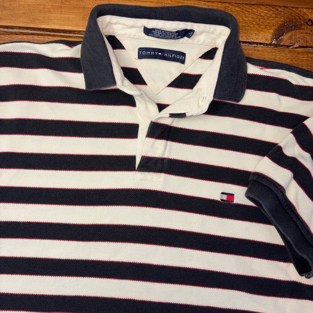 Vintage Tommy Hilfiger Polo Shirt Men Large White Black Striped Short Slv Y2K